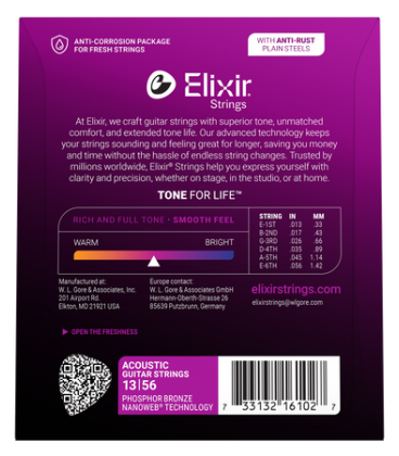 Elixir 16102 struny do gitary akustycznej NANOWEB Phosphor Bronze 13-56 MEDIUM