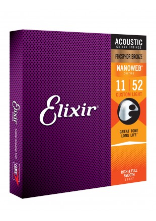Elixir 16027 struny do gitary akustycznej NANOWEB Phosphor Bronze 11-52 CUSTOM LIGHT